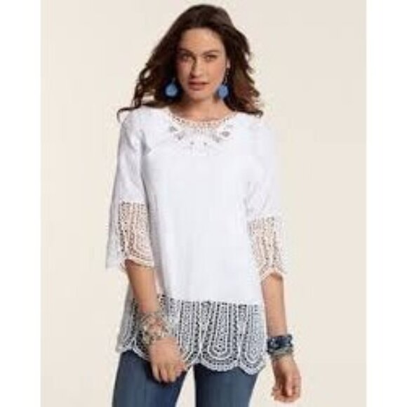 Chicos White Lace-Trim Tunic Top Size 2 Large 100% Cotton Embroidered - Picture 1 of 6